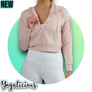 New NWT YOGALICIOUS Terry Brushed Crop Hoodie Peach Whip